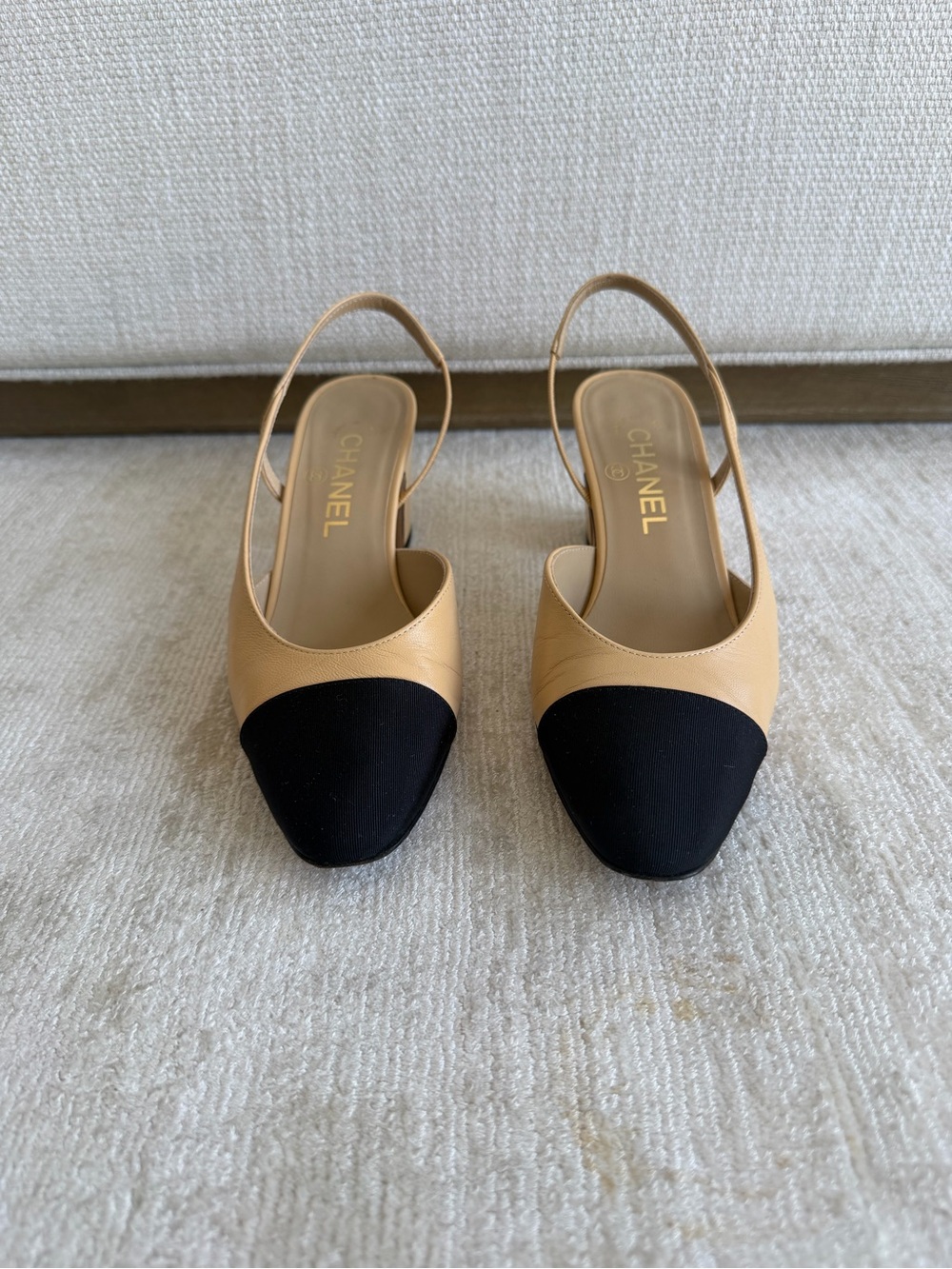 CHANEL Beige and Black Two-Tone Slingback Mules